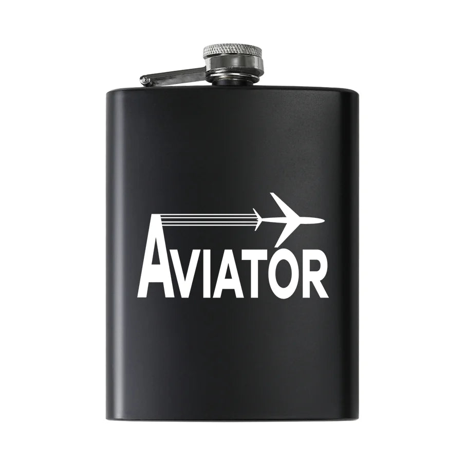 Aviator aviation design on stainless hip flask, compact pocket-size flask.
