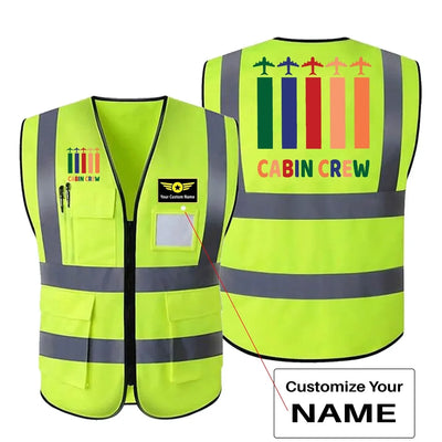 Colourful Cabin Crew aviation design printed on high-visibility reflective fabric reflective vest.