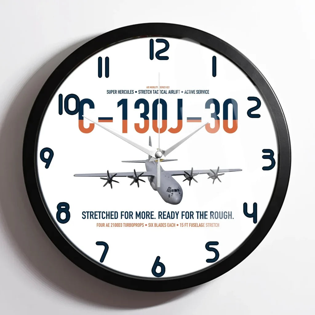 C-130J-30 Super Hercules design on white framed wall clock