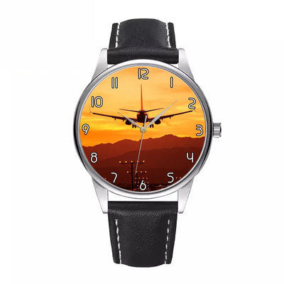Landing Aircraft During Sunset aviation watch with leather strap, leather strap body with engraved detail.