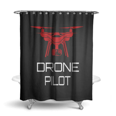 Drone Pilot Black aviation design on waterproof polyester shower curtain.