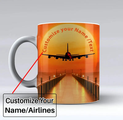 Airbus A380 Towards Sunset Text aviation design on ceramic mug, premium ceramic with glazed finish.