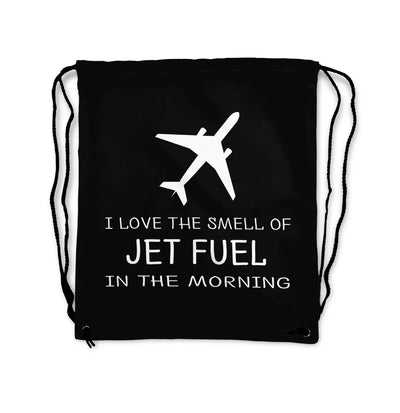 I Love The Smell Of Jet Fuel In The Morning aviation design drawstring bag, lightweight polyester construction.