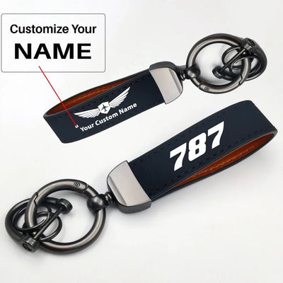 Side view of Boeing 787 Flat Text aviation horseshoe-buckle key chain in polished metal alloy, polished finish.