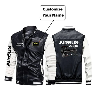 Airbus A380 & Trent 900 Engine aviation design printed on genuine leather with modern tailored fit stylish leather jacket.