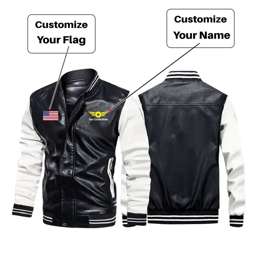Custom Flag & Name "Badge 4" aviation design printed on genuine leather with modern tailored fit stylish leather jacket.