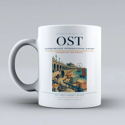 Ostend-Bruges International Airport (OST) airport code design on white ceramic mug