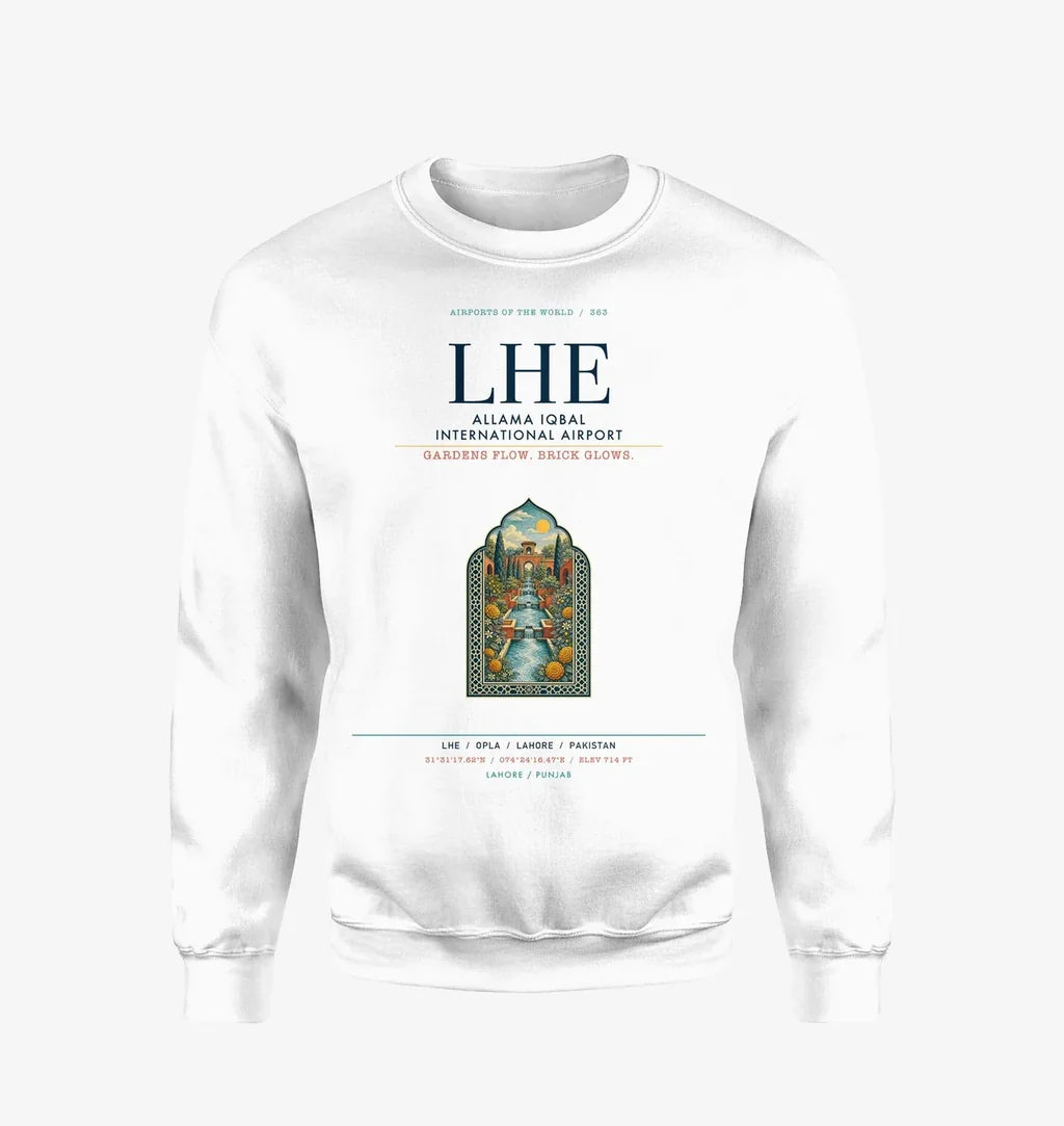 Allama Iqbal International Airport Lahore (LHE) design on white sweatshirt