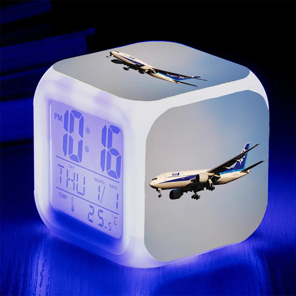 ANA's Boeing 777 "7 Colour" Digital Alarm aviation art table clock in premium wood and metal.