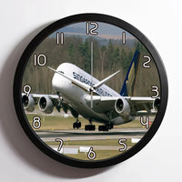 Thumbnail for Departing Singapore Airlines A380 aviation design on premium wood and metal wall clock.