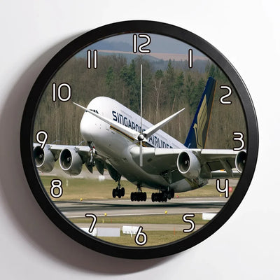 Departing Singapore Airlines A380 aviation design on premium wood and metal wall clock.