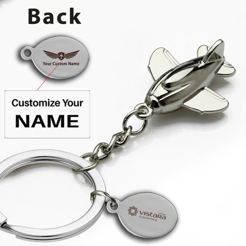 Vistara Airlines aviation airplane-shape key chain in polished metal alloy.