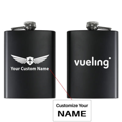 Vueling Airlines aviation design on stainless hip flask, compact pocket-size flask.