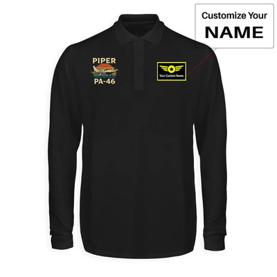 Retro Piper PA-46 aviation design printed on soft cotton long-sleeve polo shirt.