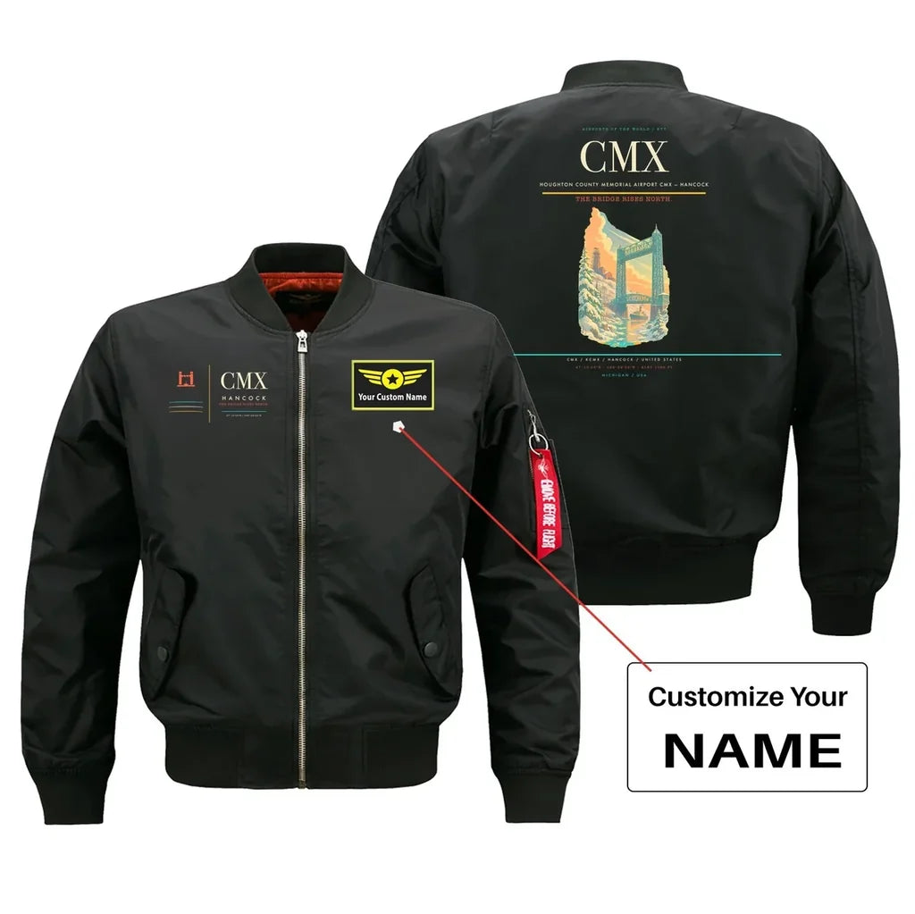 Houghton County Memorial Airport (CMX) design on black bomber jacket with custom name patch