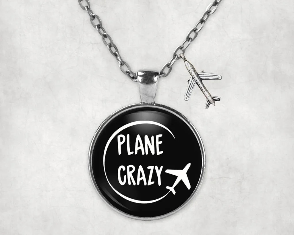 Plane Crazy aviation necklace, stainless steel body with engraved detail.