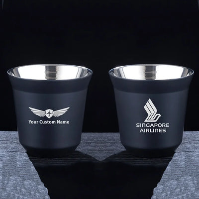 Singapore Airlines aviation design on double-wall coffee mug, vacuum-insulated double-wall.