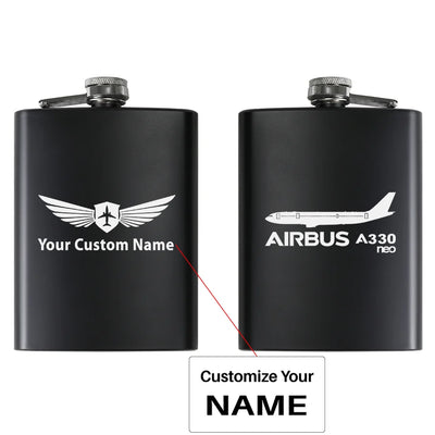 The Airbus A330neo aviation design on stainless hip flask, compact pocket-size flask.