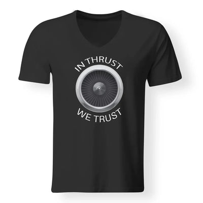In Thrust We Trust aviation design printed on soft cotton V-neck T-shirt.