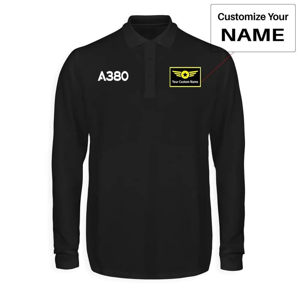 Airbus A380 Flat Text aviation design printed on soft cotton long-sleeve polo shirt.