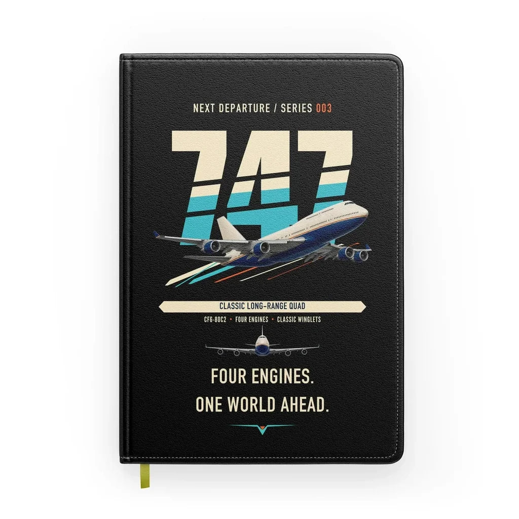 Boeing 747-400 design on black notebook
