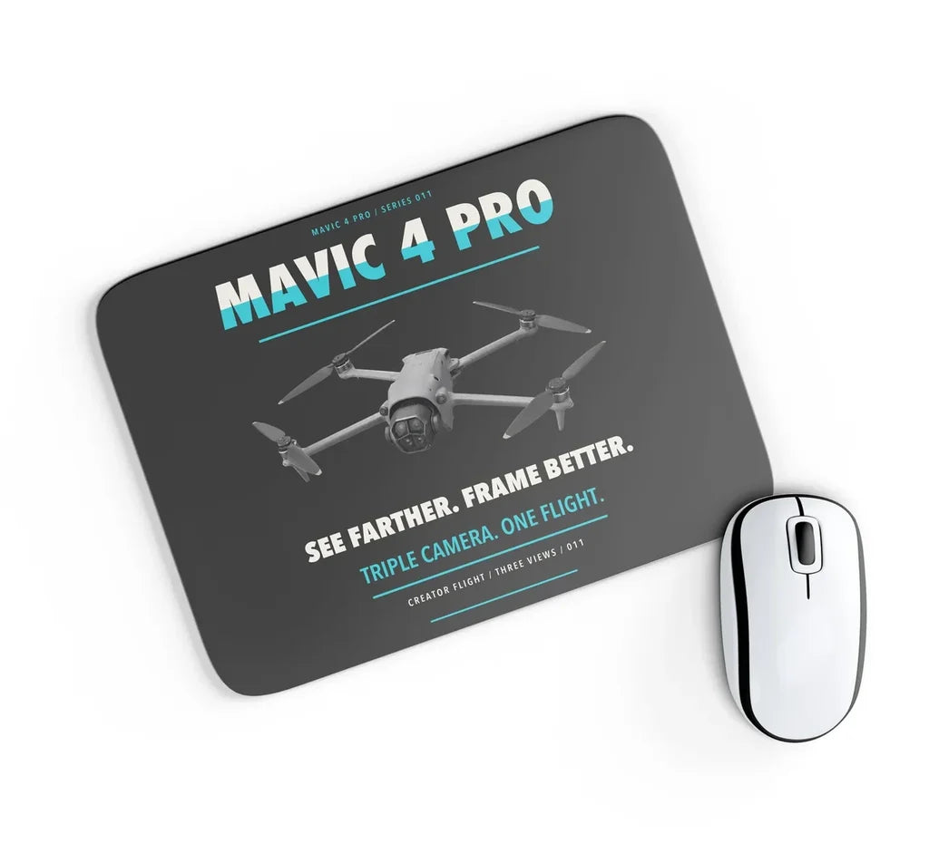 DJI Mavic 4 Pro design on black rectangle mouse pad
