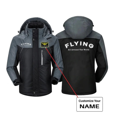 Flying All Around The World aviation design printed on heavyweight insulated shell thick winter jacket.