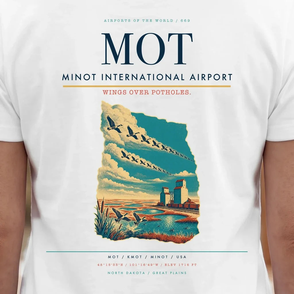 Minot International Airport (MOT) double-side t-shirt design close-up cover