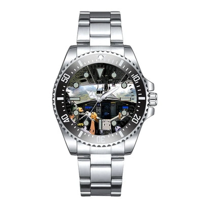 Side view of Fantastic Cockpit Shot Luxury Aviators aviation aviator watch in premium stainless steel, polished finish.