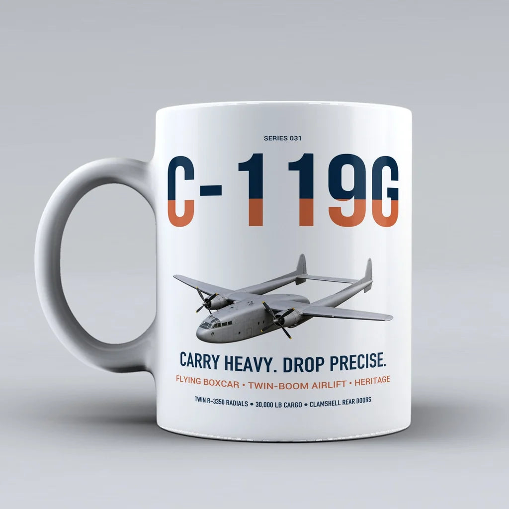 C-119G Flying Boxcar design on white ceramic mug, double-side print