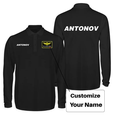 Antonov & Text Long Sleeve Polo T-Shirts (Double-Side) aviation design printed on soft cotton long-sleeve double-side polo.