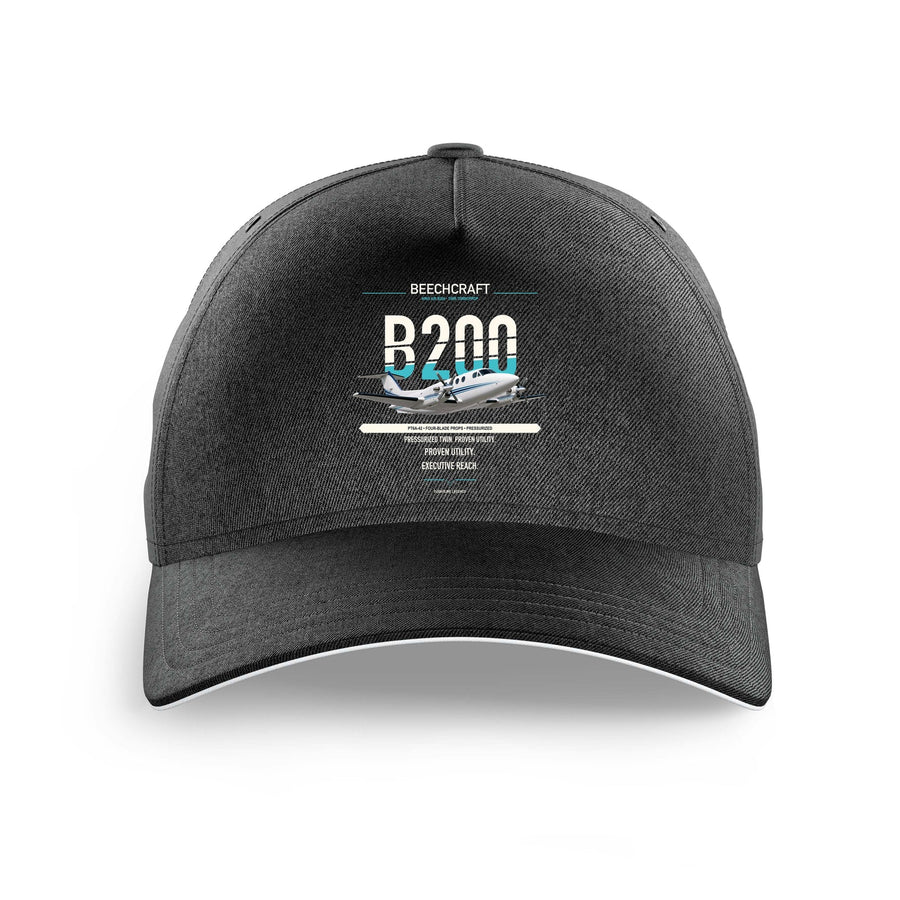 Beechcraft King Air B200 design on black printed hat
