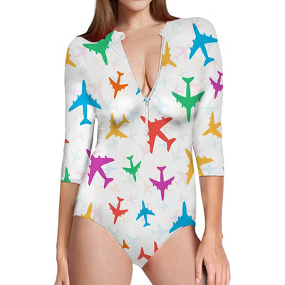 Cheerful aviation design on stretch swim fabric deep-V swim bodysuit.
