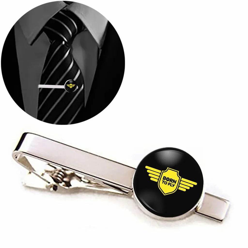 Born To Fly & Badge aviation-themed tie clip, polished stainless steel.