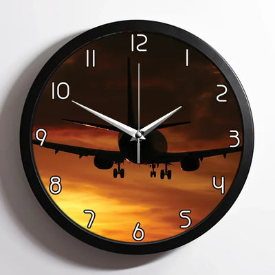 Beautiful Aircraft Landing at Sunset aviation design on premium wood and metal wall clock.