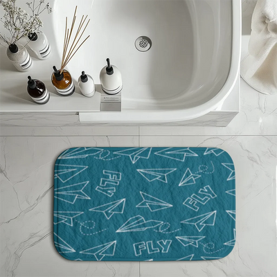 Paper Airplane & Fly-Green aviation design on soft absorbent fabric with non-slip backing bath mat.