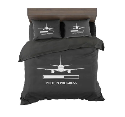 Pilot In Progress aviation design on soft cotton blend bedding set.