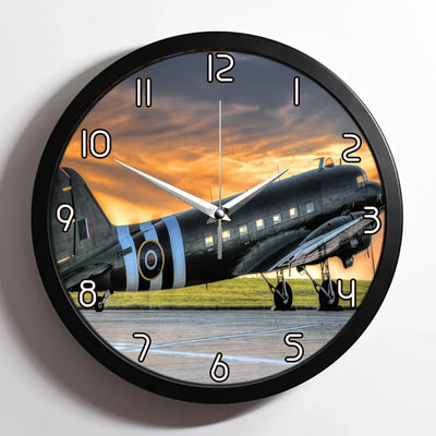 Old Airplane Parked During Sunset aviation design on premium wood and metal wall clock.