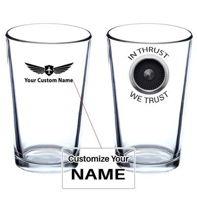 In Thrust We Trust Beer & aviation design on beer water glass, versatile drinkware.