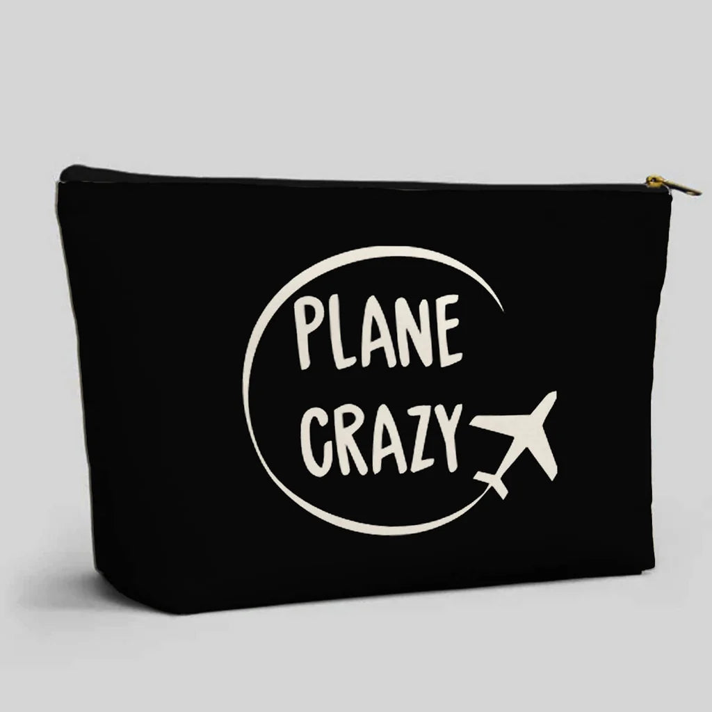 Plane Crazy aviation design zipper pouch, durable polyester construction.