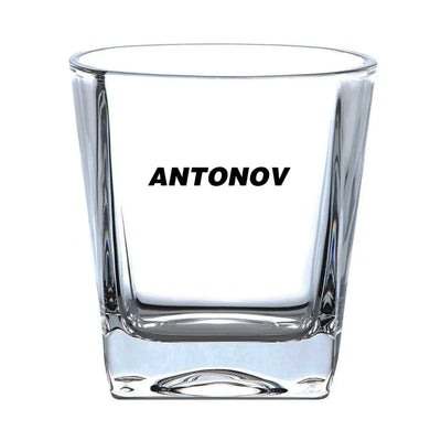 Antonov & Text aviation design on whiskey glass, crystal-clear premium glassware.