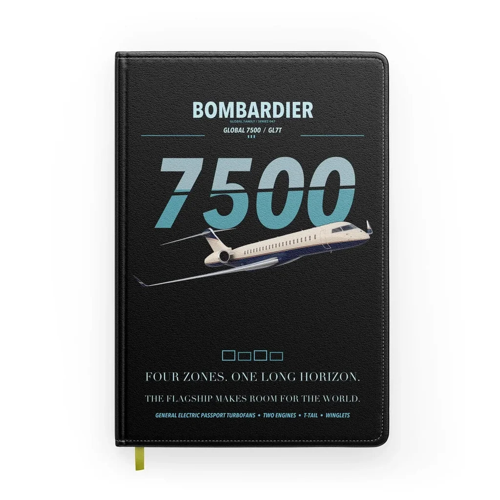 Bombardier Global 7500 design on black notebook