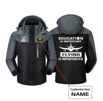 Flying is Importanter aviation design printed on heavyweight insulated shell thick winter jacket.