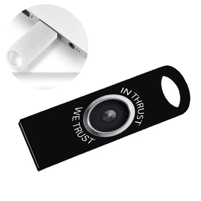 In Thrust We Trust aviation design on durable waterproof casing waterproof USB device.