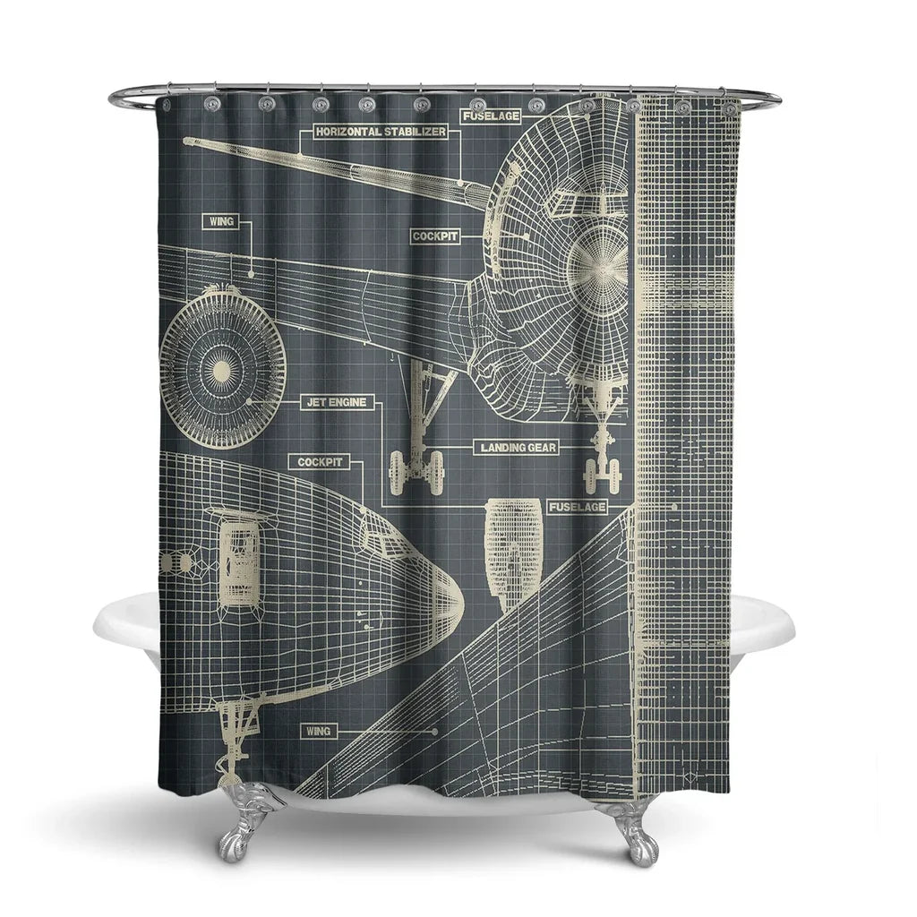 Airplanes Fuselage & Details aviation design on waterproof polyester shower curtain.
