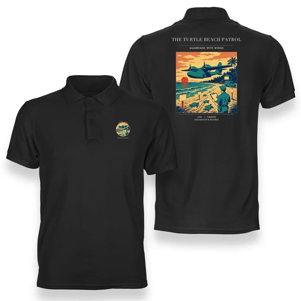 VINTAGE G4443 - The Turtle Beach Patrol - Double-Side Polo T-Shirt design on black