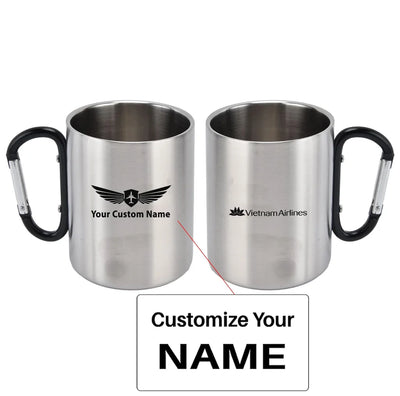Vietnam Airlines aviation design on outdoor mug, durable insulated construction.