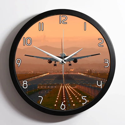 Super Cool Landing During Sunset aviation design on premium wood and metal wall clock.