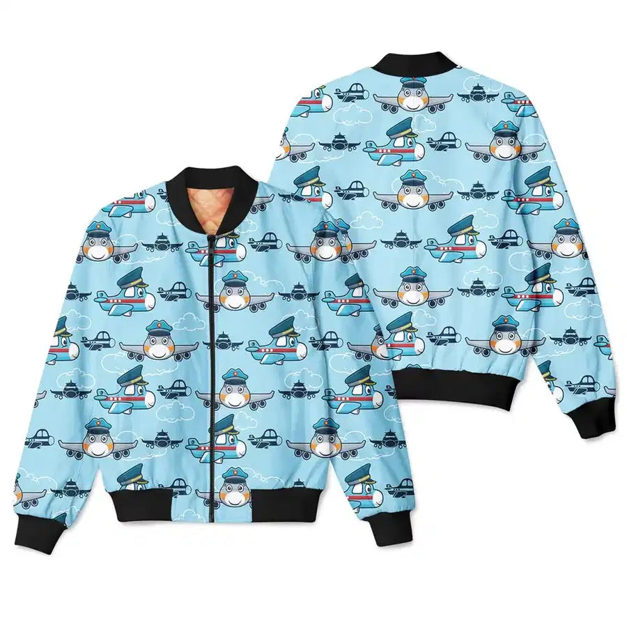 Cartoon & Funny Airplanes aviation design printed on padded shell with full sublimation print 3D bomber jacket.