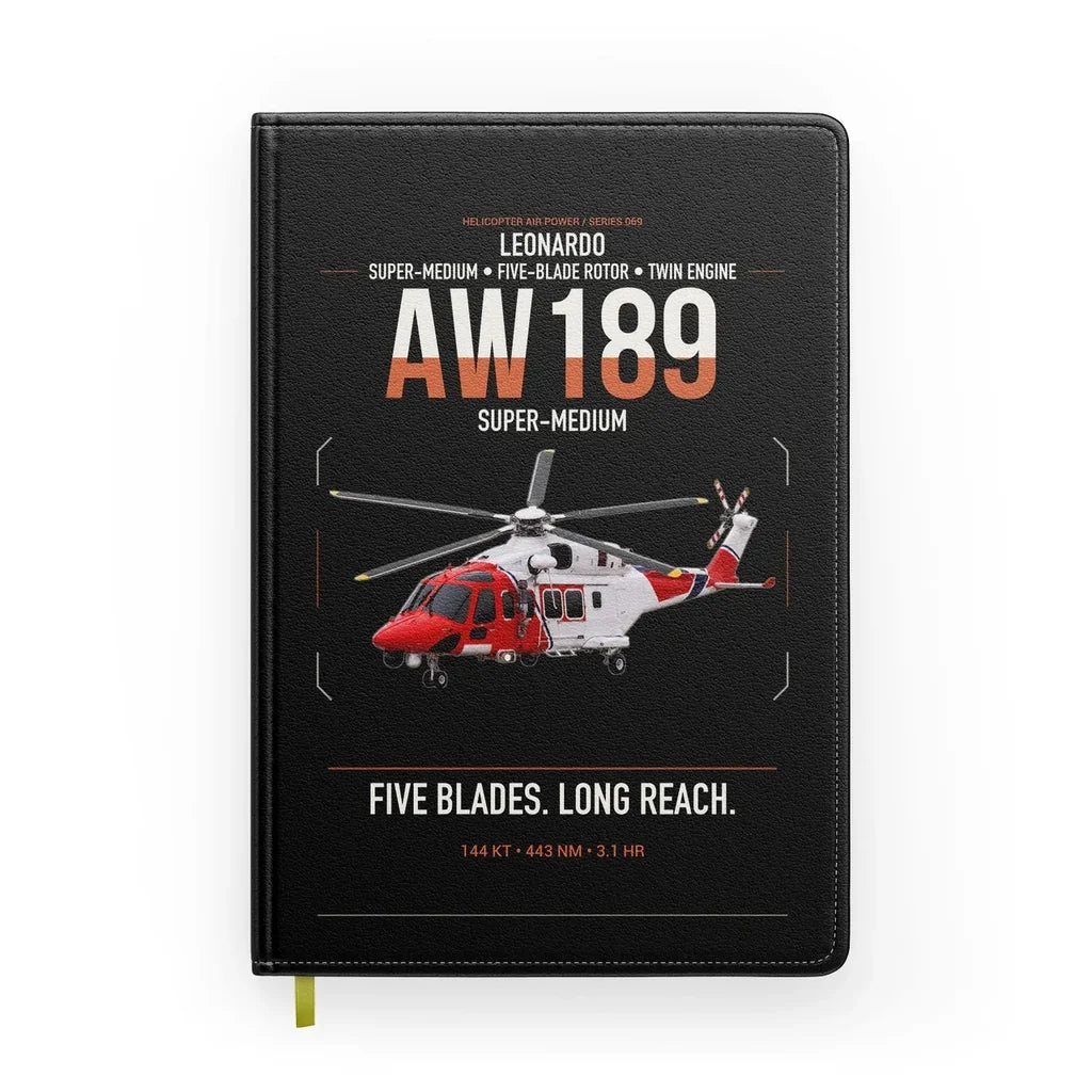 Leonardo AW189 design on black notebook
